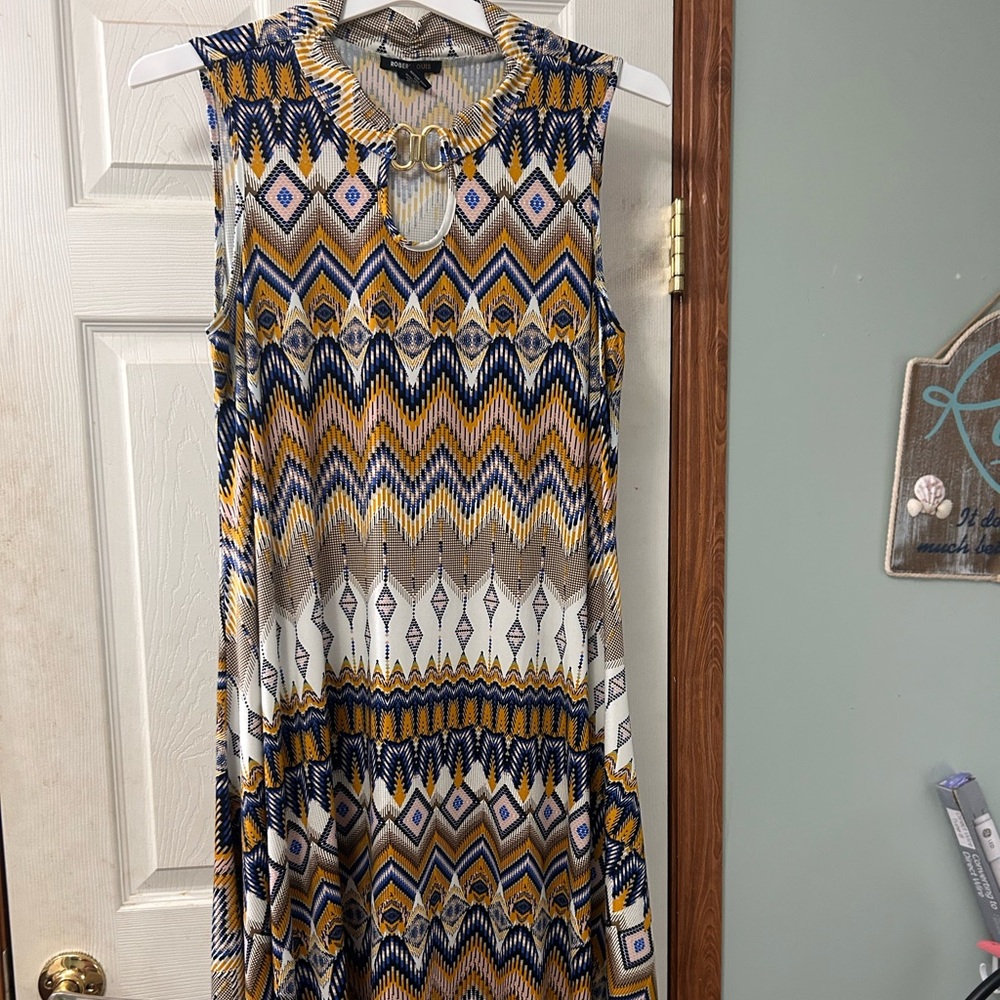 Robert Louis Asymmetrical Dress in Mustard, Blue, Black & Cream